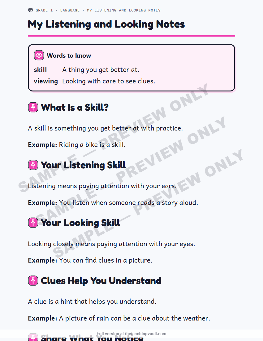 Sample preview: handout page (watermarked, low-resolution) — Grade 1 Language, All Units