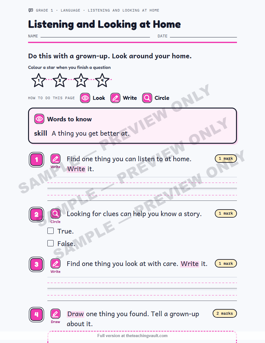 Sample preview: homework page (watermarked, low-resolution) — Grade 1 Language, All Units
