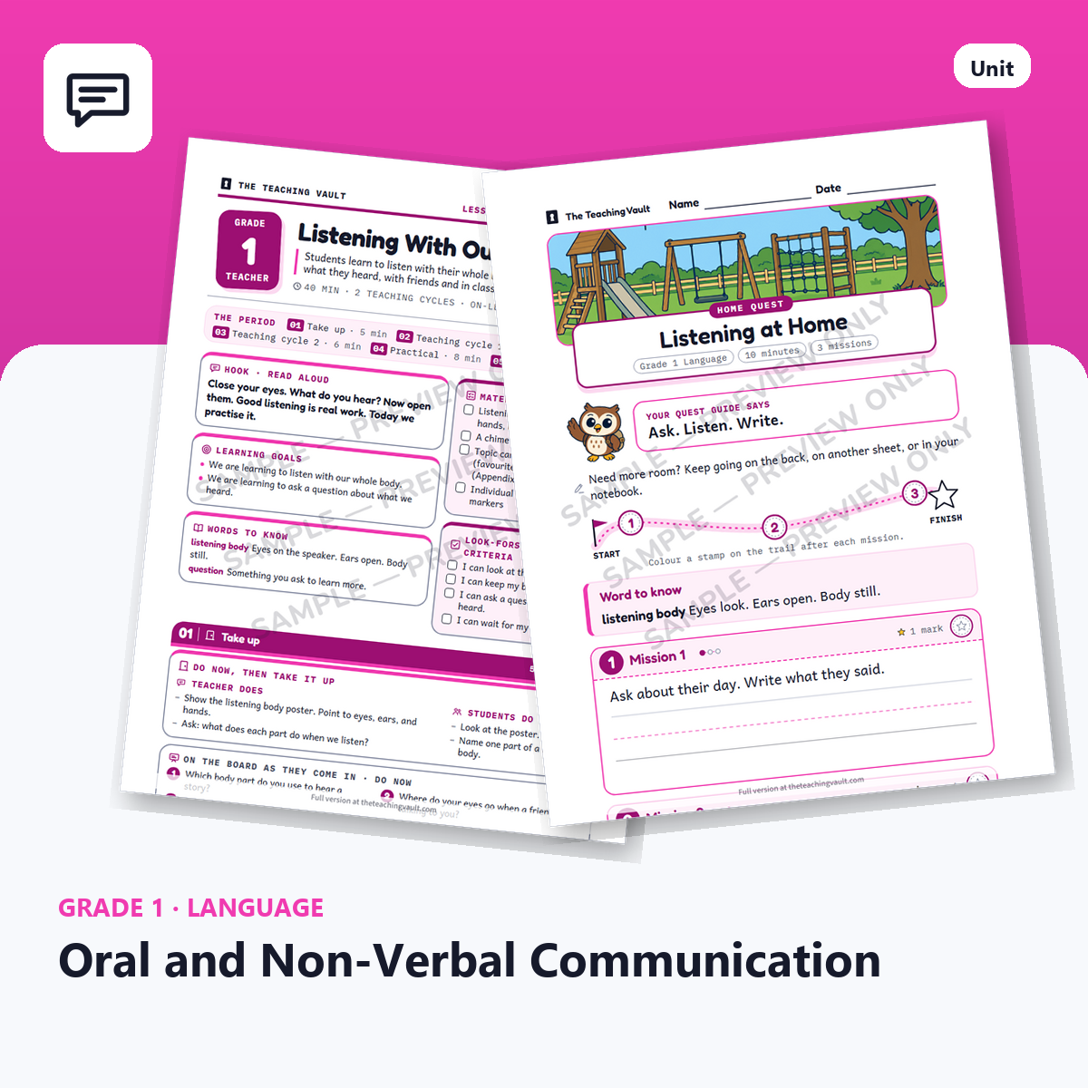 Grade 1 Oral and Non-Verbal Communication — Full Unit (Unit 4 of 12) cover