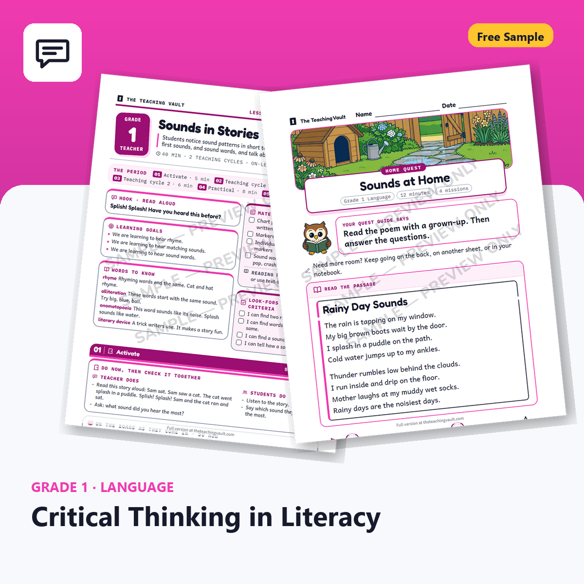 Grade 1 Critical Thinking In Literacy Free Sample cover