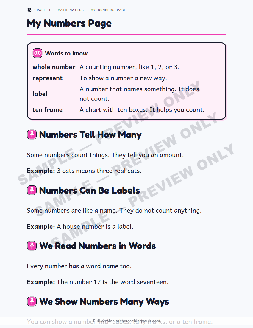 Sample preview: handout page (watermarked, low-resolution) — Grade 1 Mathematics, All Units