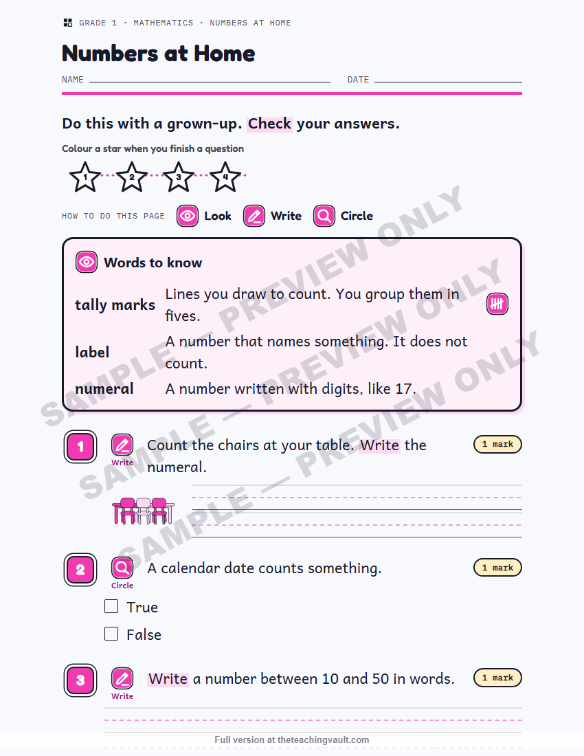 Sample preview: homework page (watermarked, low-resolution) — Grade 1 Mathematics, All Units