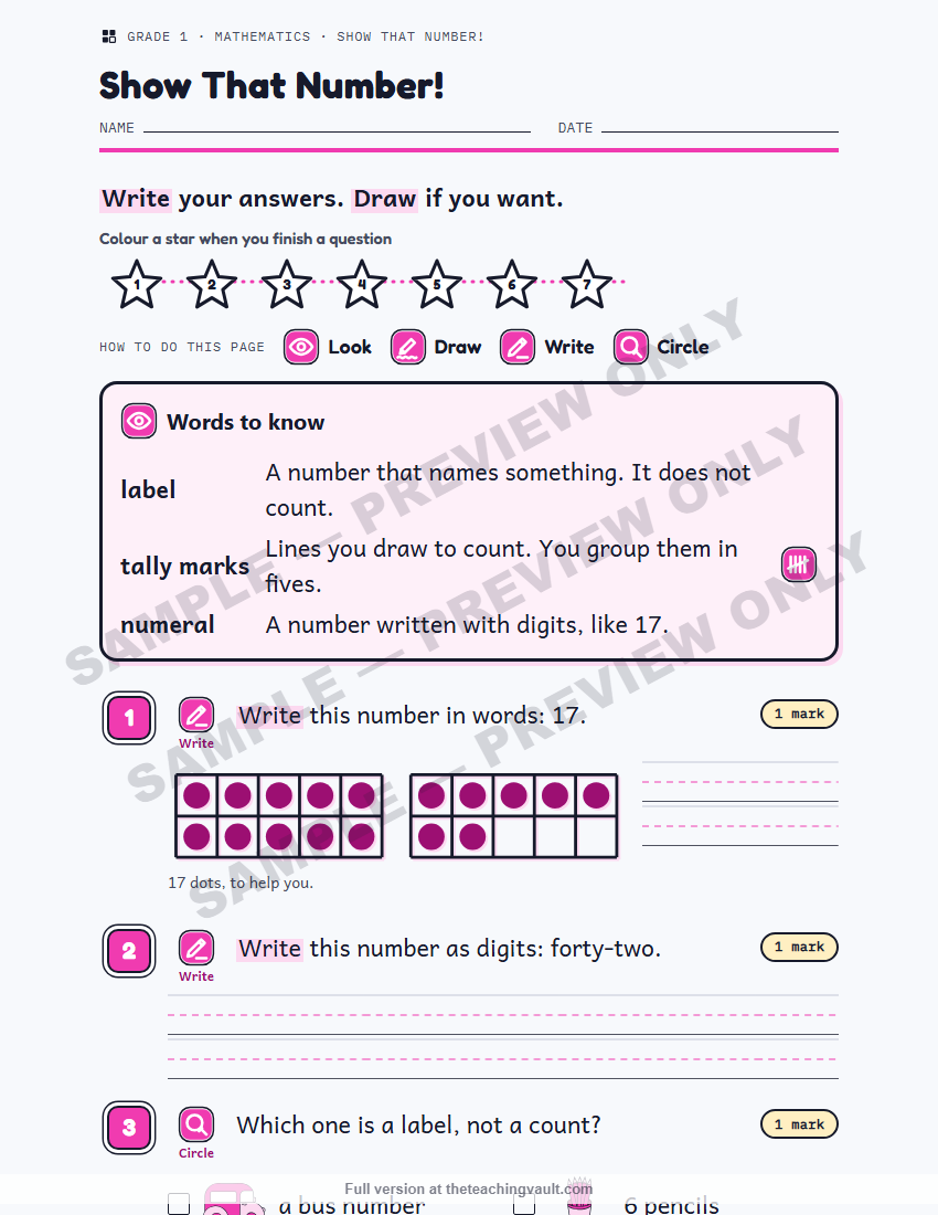 Sample preview: worksheet page (watermarked, low-resolution) — Grade 1 Mathematics, All Units