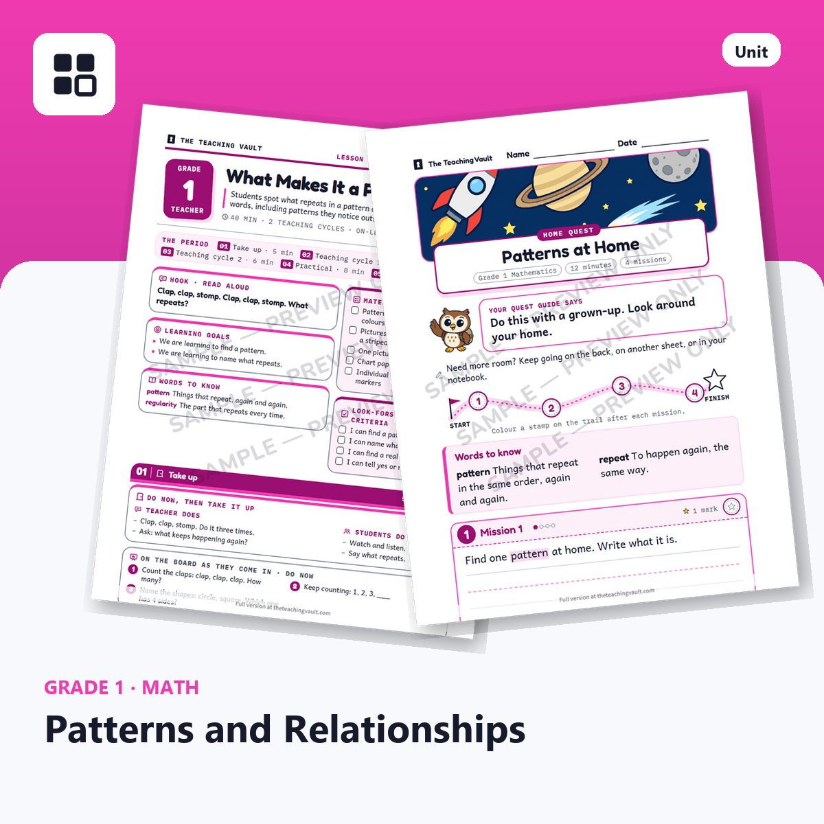 Grade 1 Patterns and Relationships cover: two sample pages fanned out