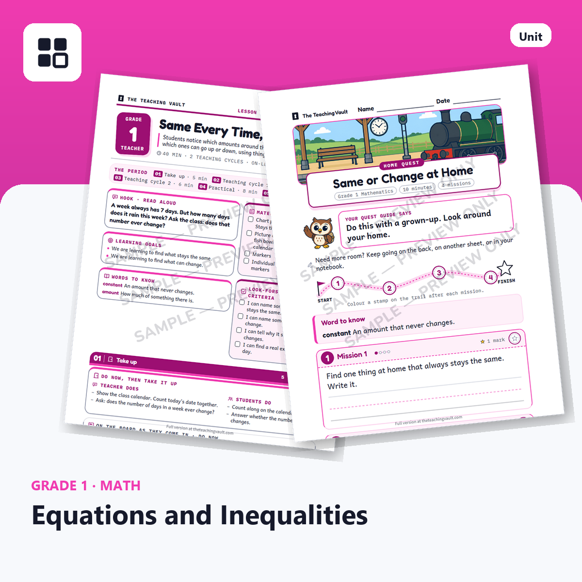 Grade 1 Equations and Inequalities cover: two sample pages fanned out