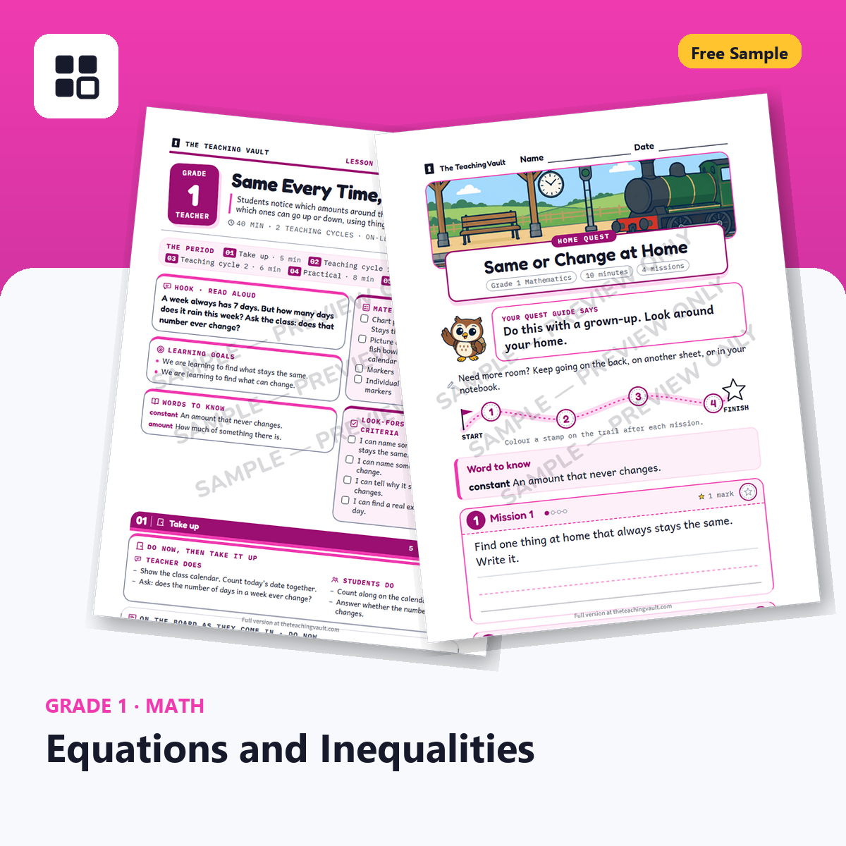 Grade 1 Equations and Inequalities Free Sample cover