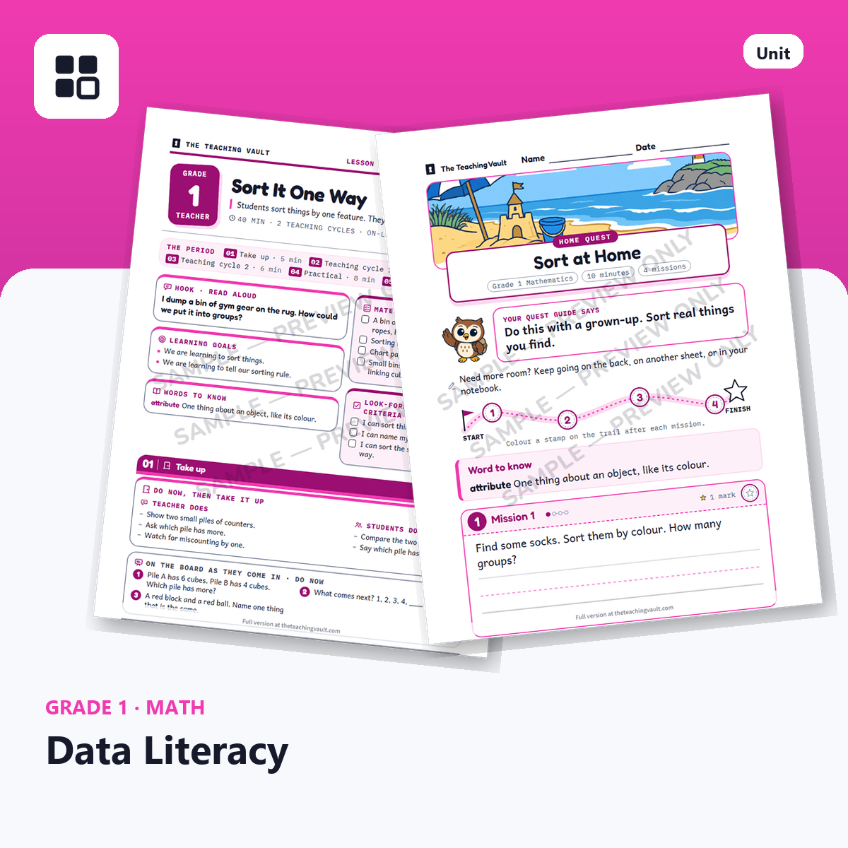 Grade 1 Data Literacy cover: two sample pages fanned out