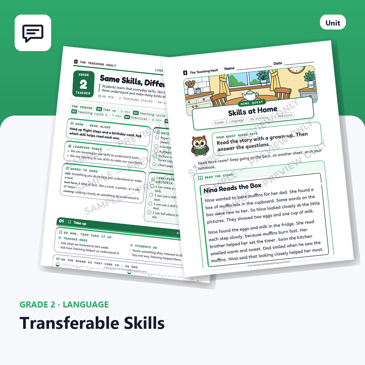 Grade 2 Language Transferable Skills unit cover: lesson plans, worksheets and homework