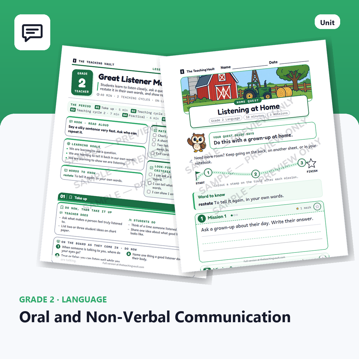 Grade 2 Oral and Non-Verbal Communication — Full Unit (Unit 4 of 12) cover