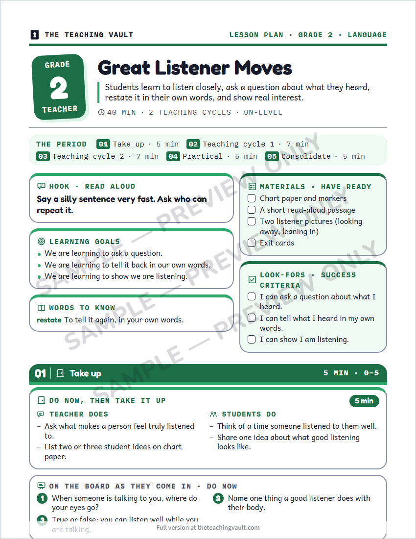 Sample lesson plan page