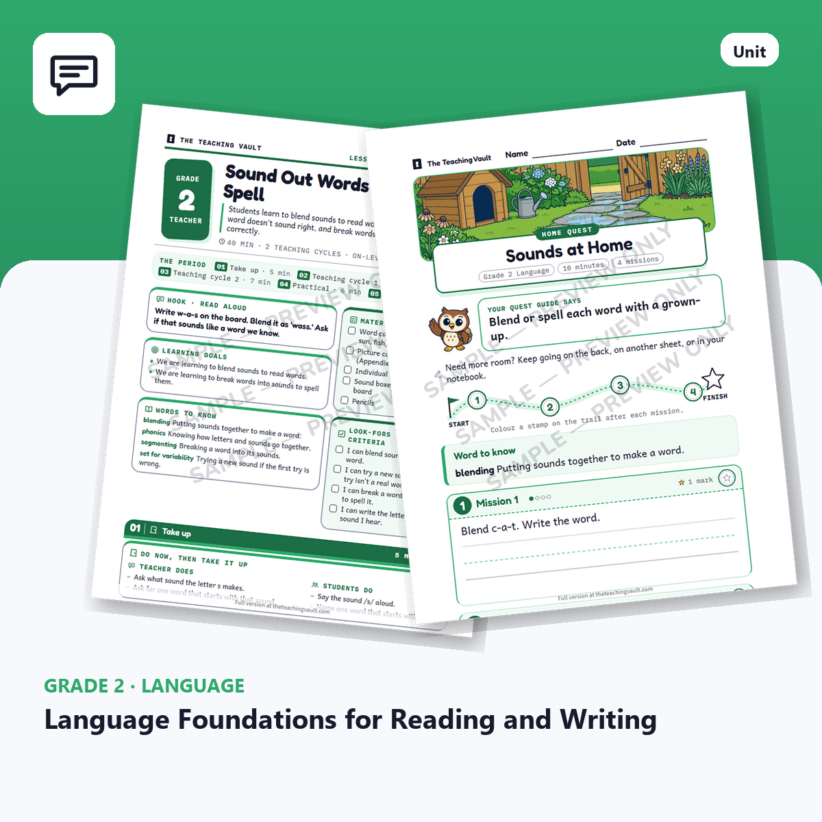 Grade 2 Language Foundations for Reading and Writing unit cover: lesson plans, worksheets and homework