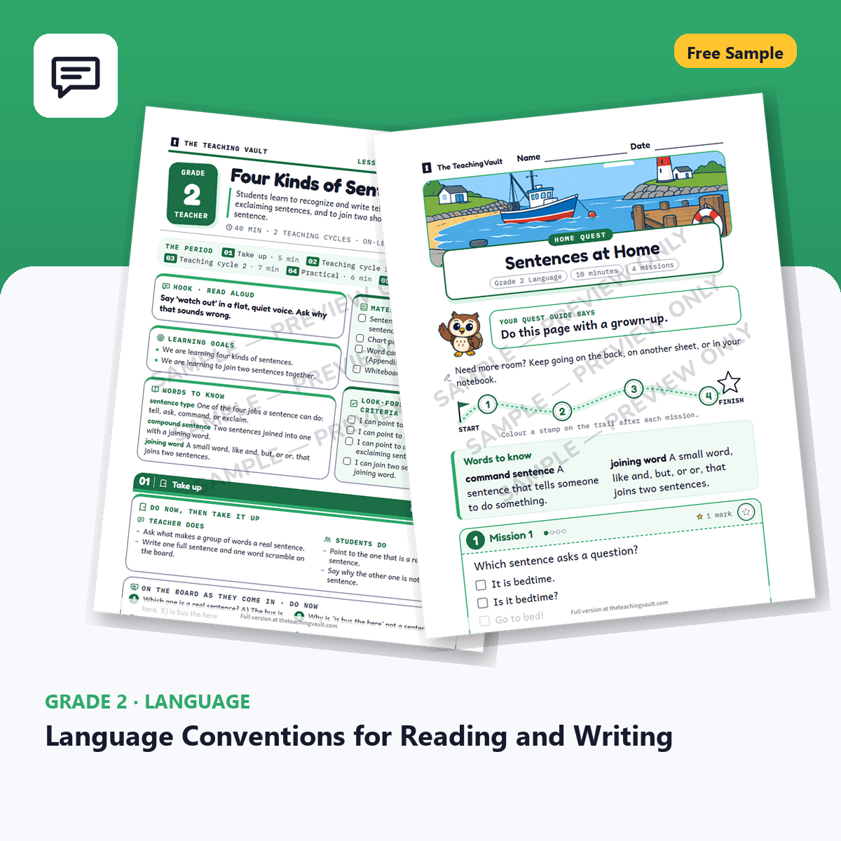 Free Grade 2 Language Conventions for Reading and Writing lesson sample cover