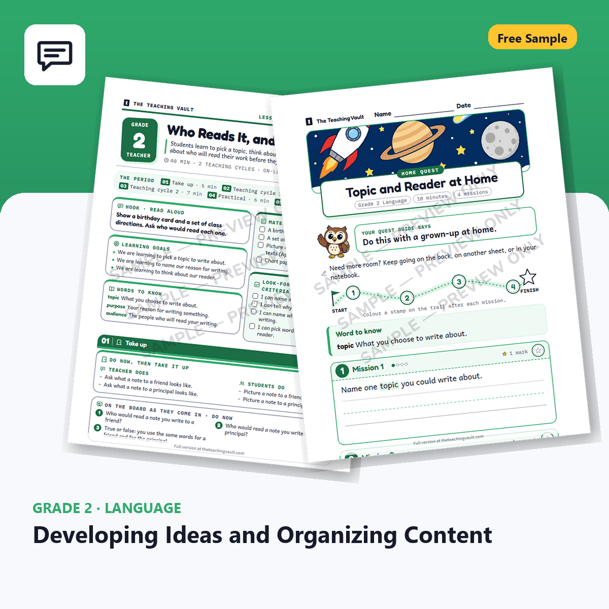 Free Grade 2 Language Developing Ideas and Organizing Content lesson sample cover