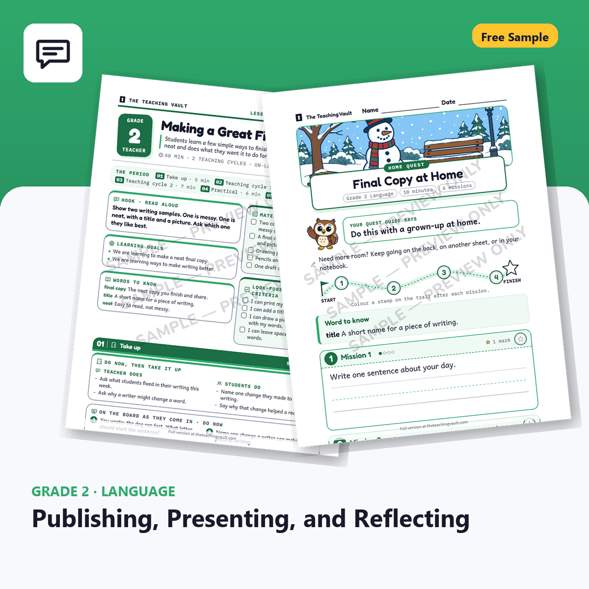 Free Grade 2 Language Publishing, Presenting, and Reflecting lesson sample cover