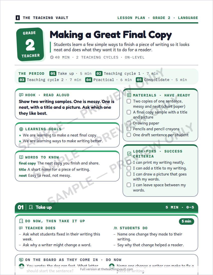 Sample lesson plan page