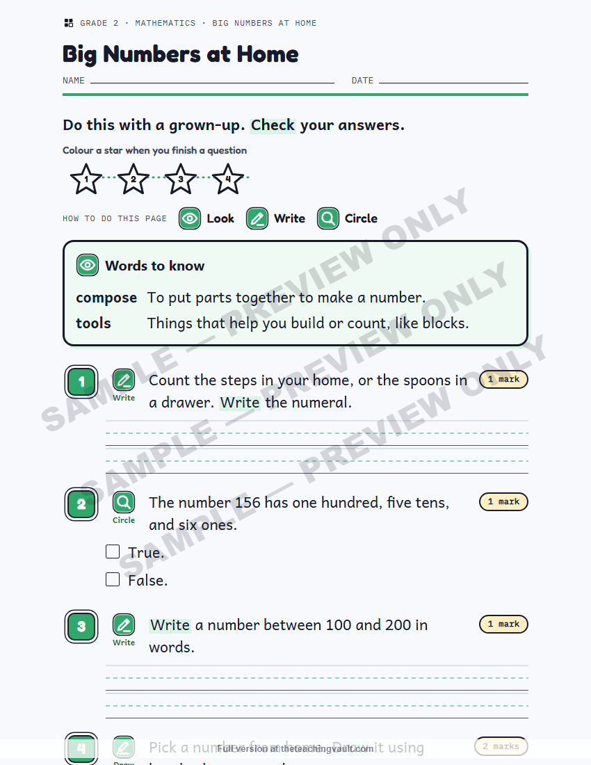 Sample preview: homework page (watermarked, low-resolution) — Grade 2 Mathematics, All Units