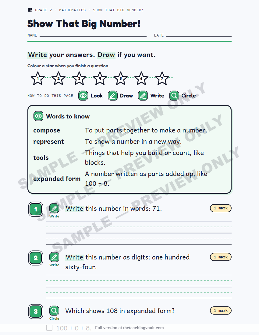 Sample preview: worksheet page (watermarked, low-resolution) — Grade 2 Mathematics, All Units