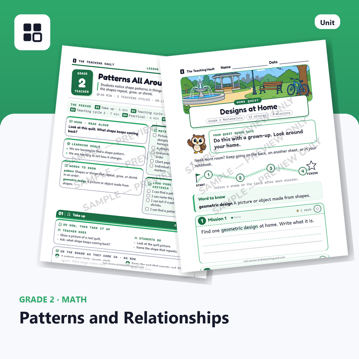 Grade 2 Patterns cover: two sample pages fanned out