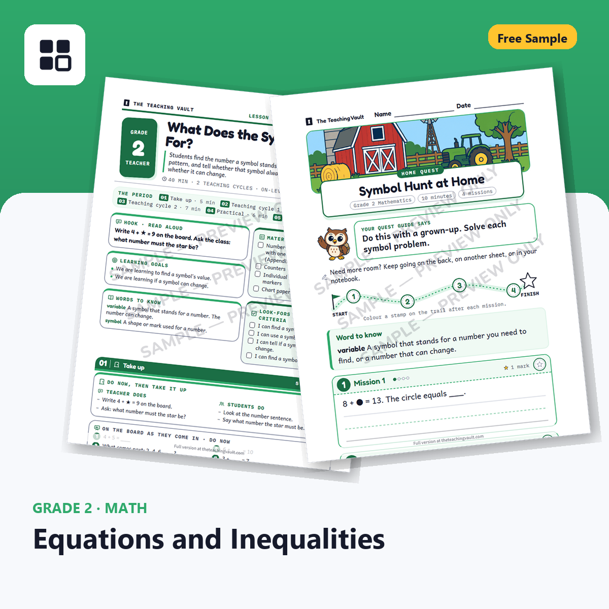 Grade 2 Equations Free Sample cover