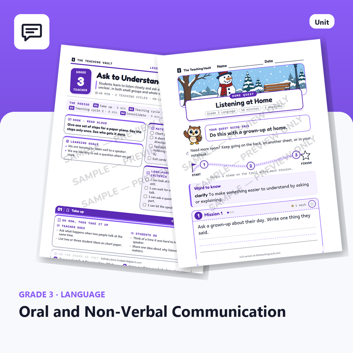 Grade 3 Oral and Non-Verbal Communication — Full Unit (Unit 4 of 12) cover