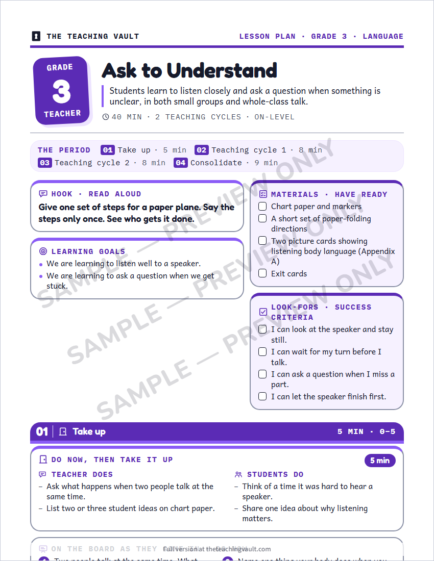 Sample lesson plan page