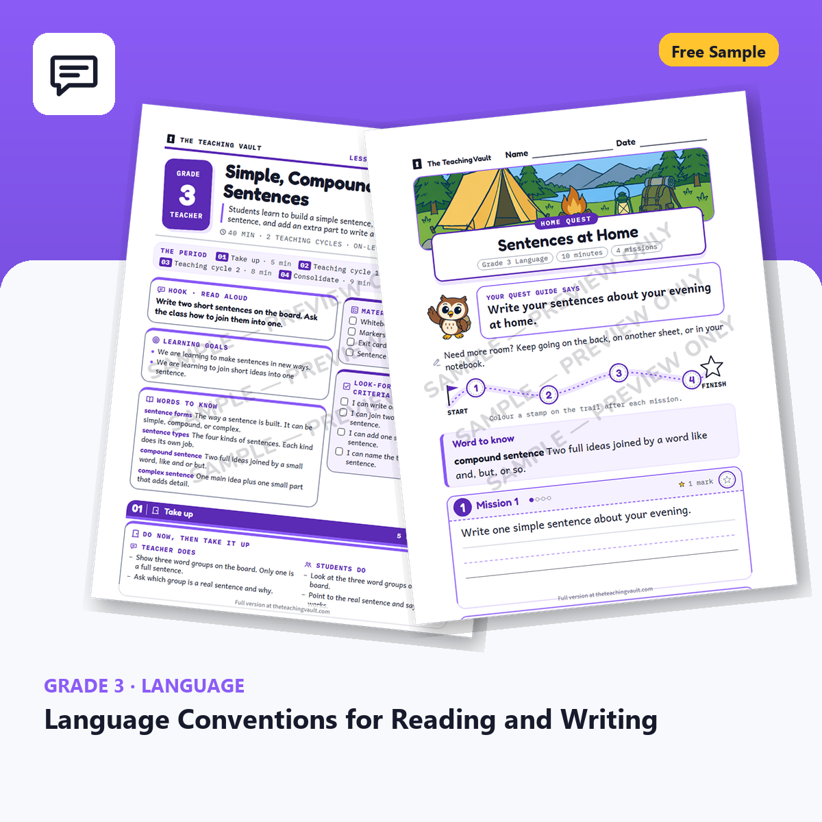 Free Grade 3 Language Conventions for Reading and Writing lesson sample cover