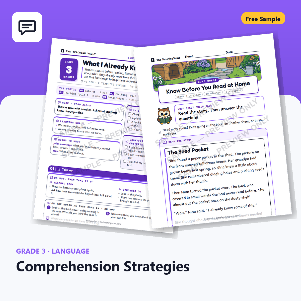 Free Grade 3 Language Comprehension Strategies lesson sample cover