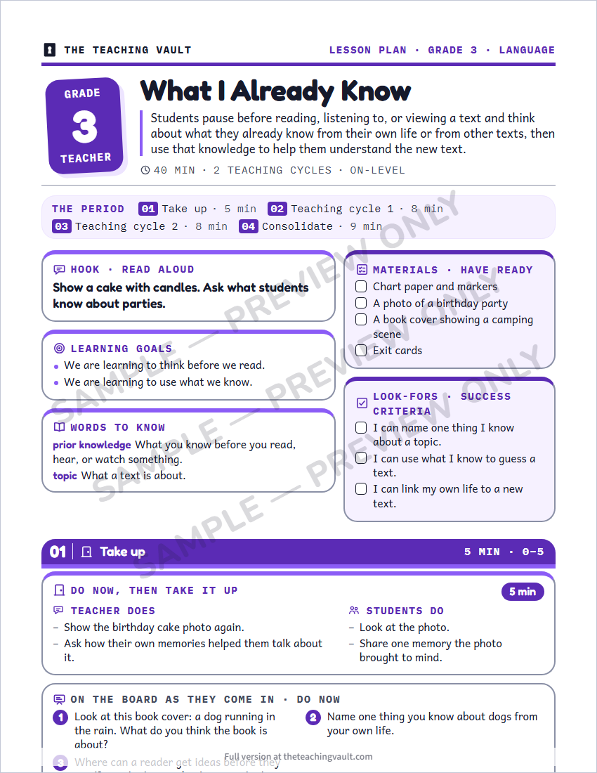 Sample lesson plan page