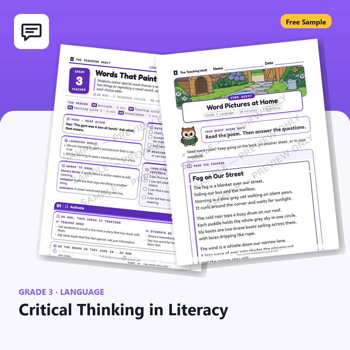 Grade 3 Critical Thinking In Literacy Free Sample cover