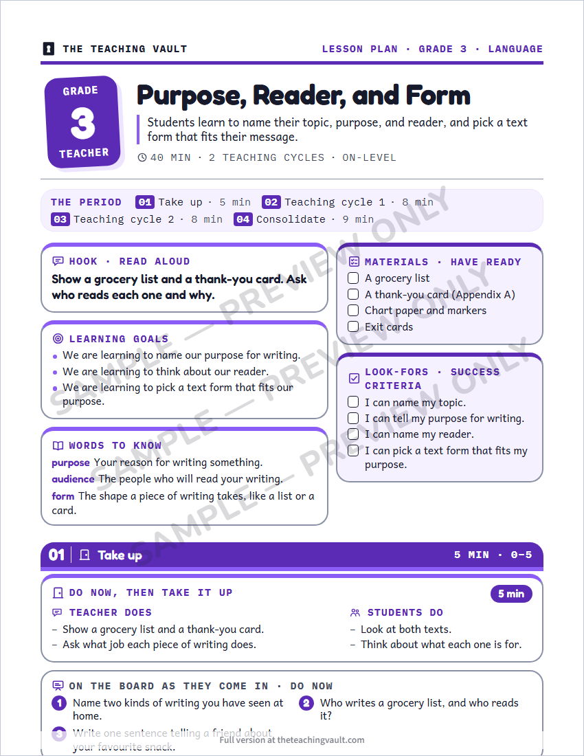 Sample lesson plan page
