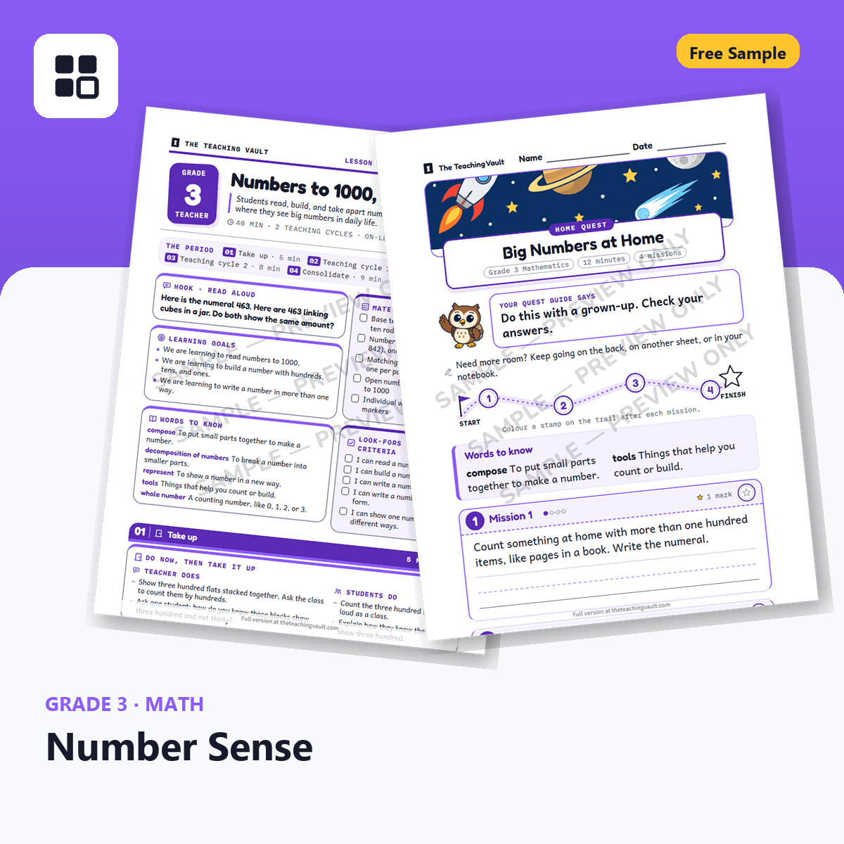 Grade 3 Number Sense Free Sample cover