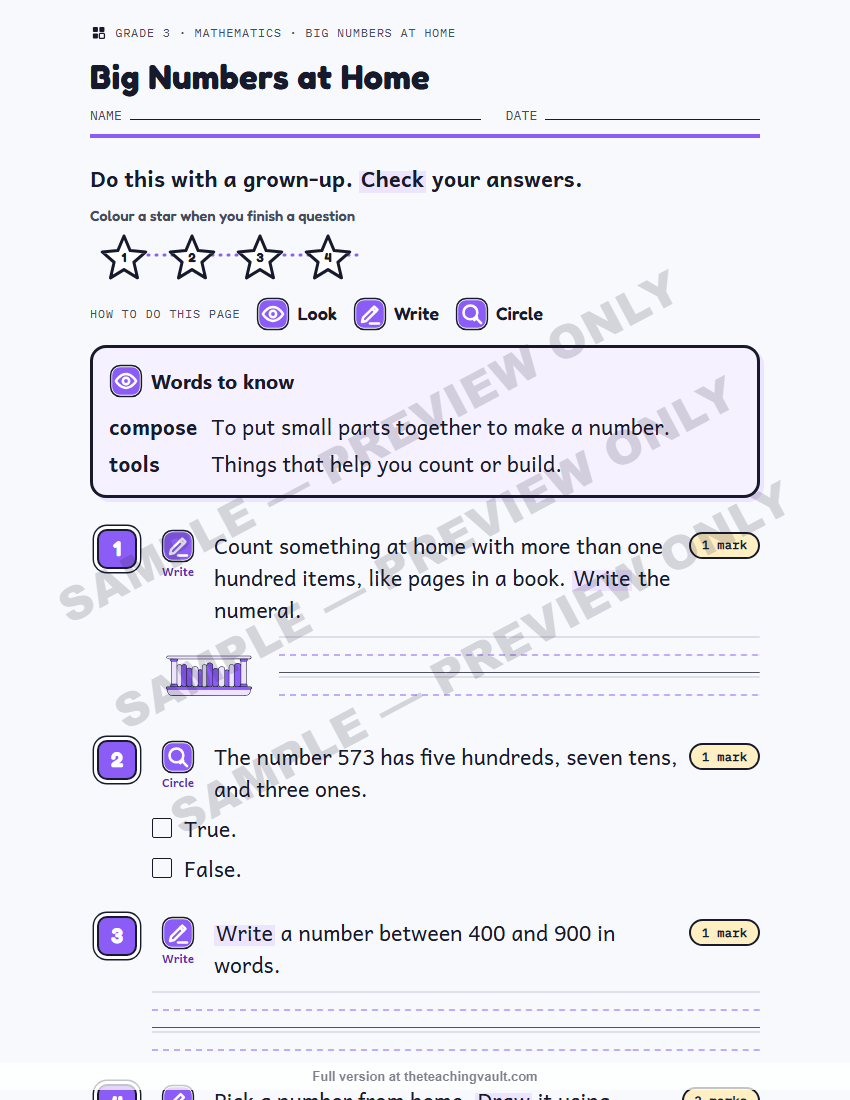 Sample preview: homework page (watermarked, low-resolution) — Grade 3 Mathematics, All Units