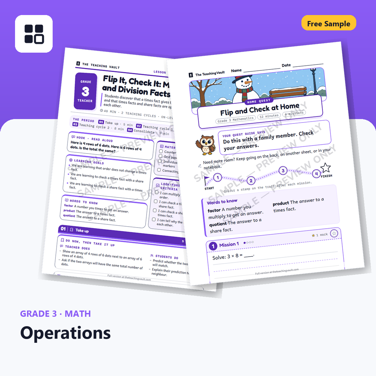 Grade 3 Operations Free Sample cover