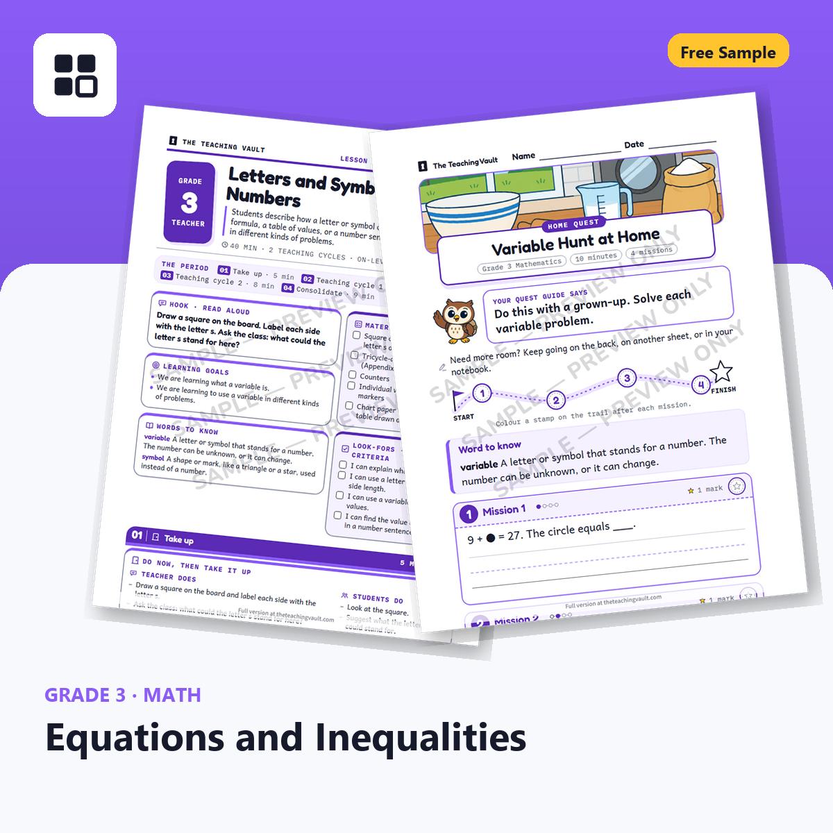 Grade 3 Equations Free Sample cover