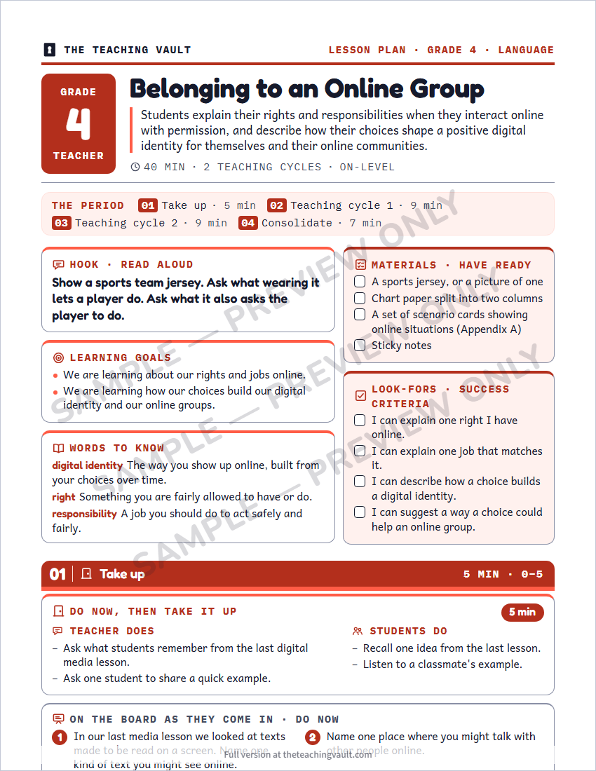 Sample lesson plan page