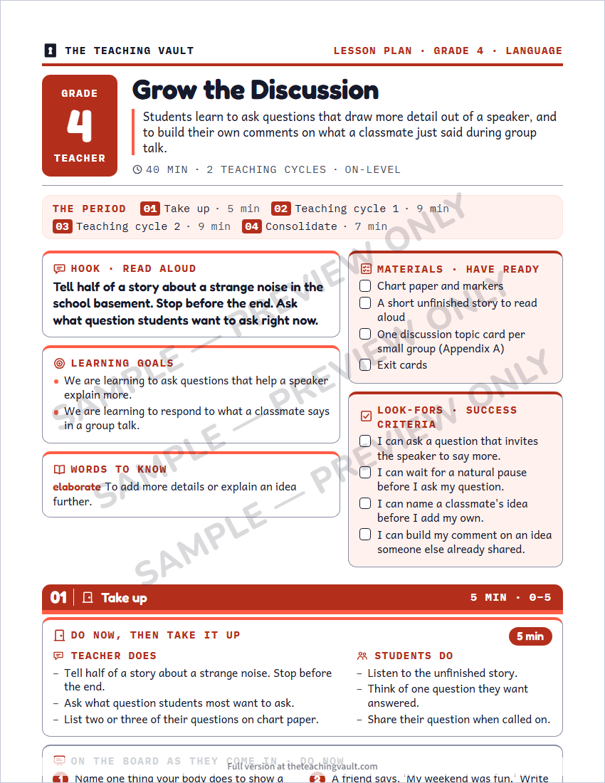 Sample lesson plan page