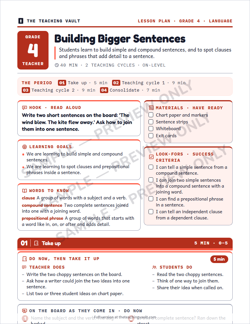 Sample lesson plan page