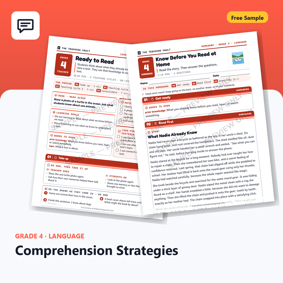 Free Grade 4 Language Comprehension Strategies lesson sample cover