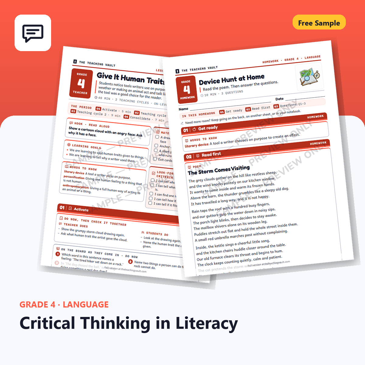 Grade 4 Critical Thinking In Literacy Free Sample cover
