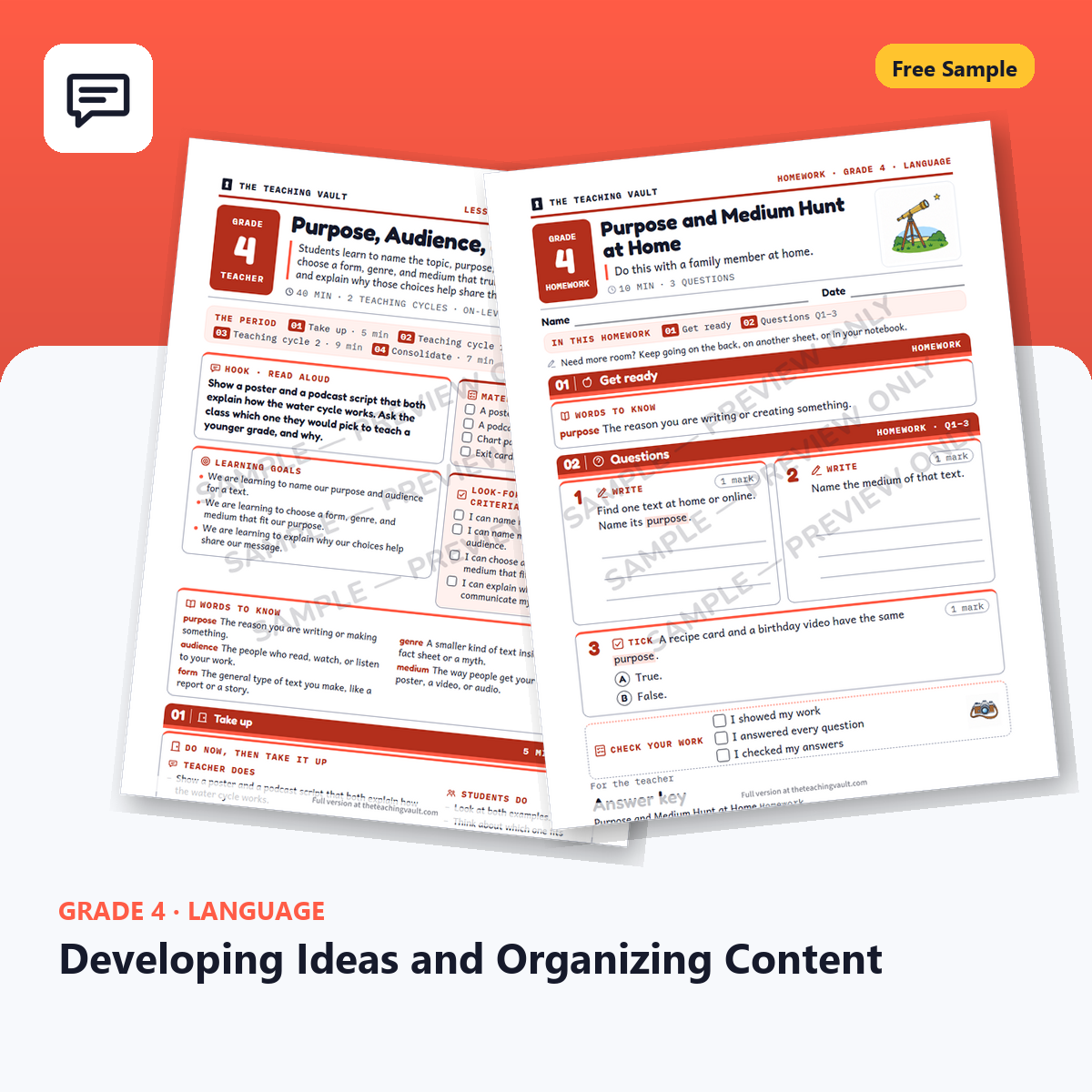 Free Grade 4 Language Developing Ideas and Organizing Content lesson sample cover