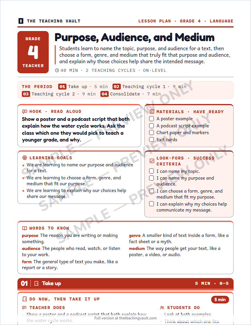 Sample lesson plan page