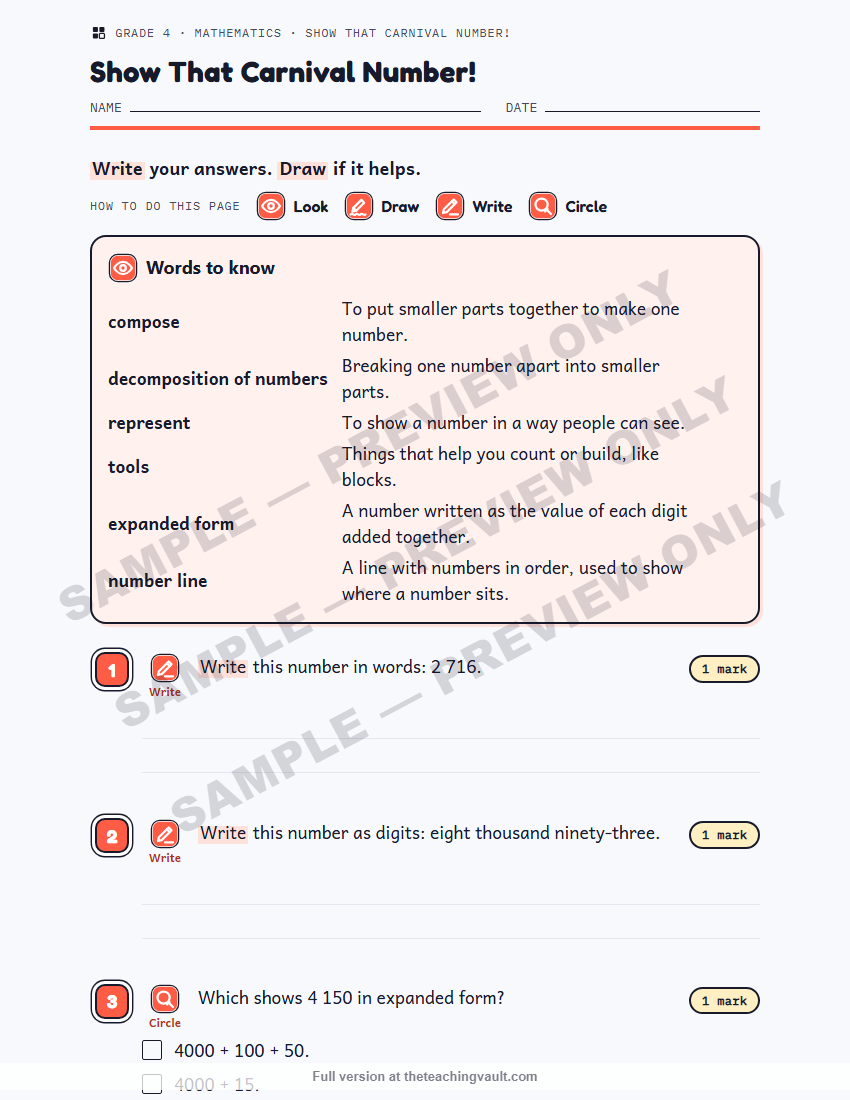 Sample preview: worksheet page (watermarked, low-resolution) — Grade 4 Mathematics, All Units