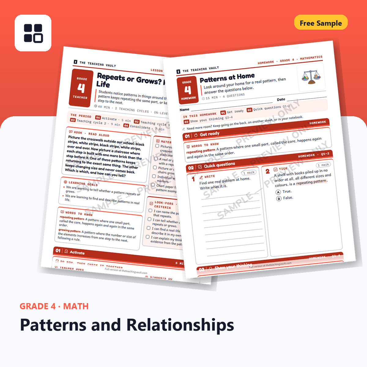 Grade 4 Patterns and Relationships Free Sample cover