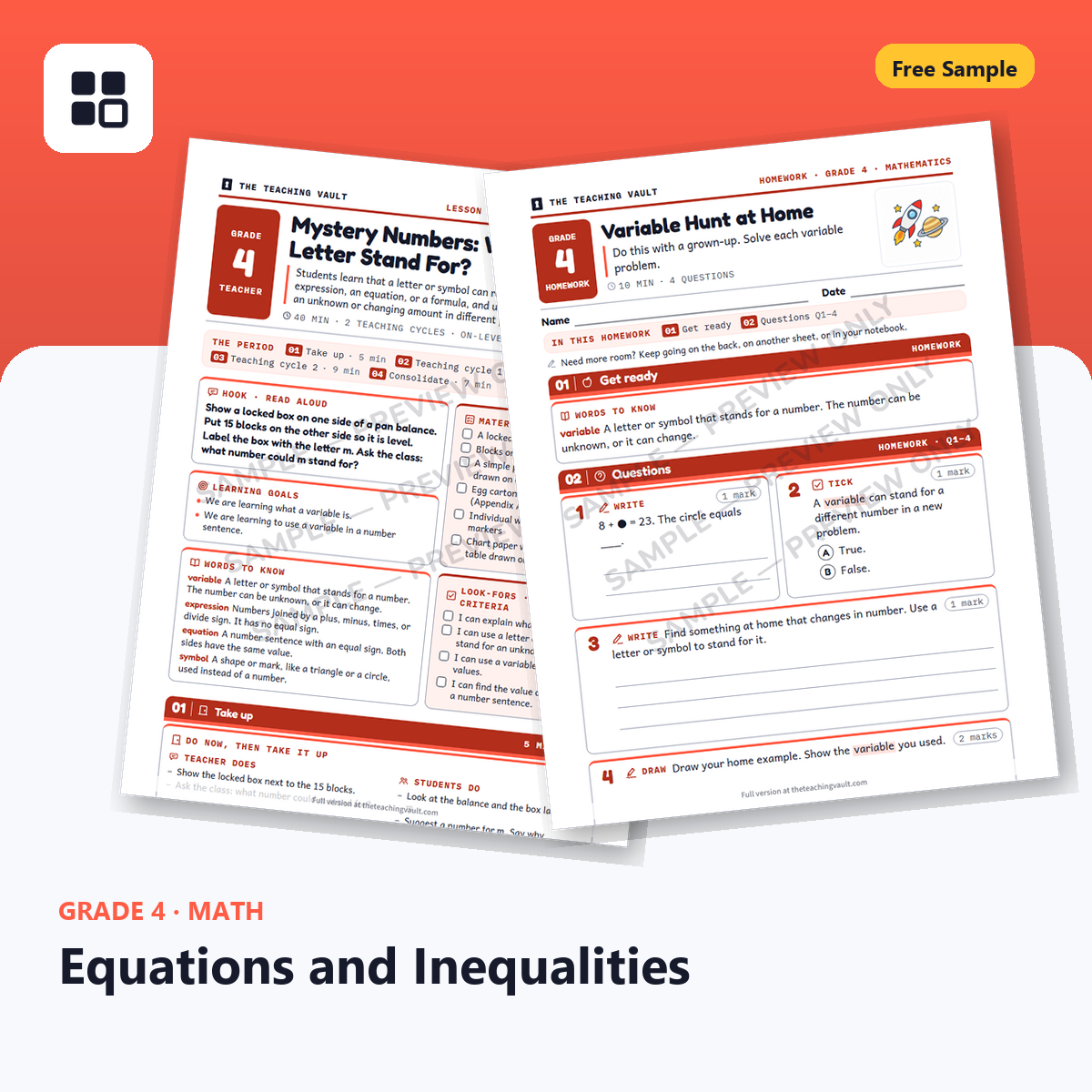 Grade 4 Equations Free Sample cover