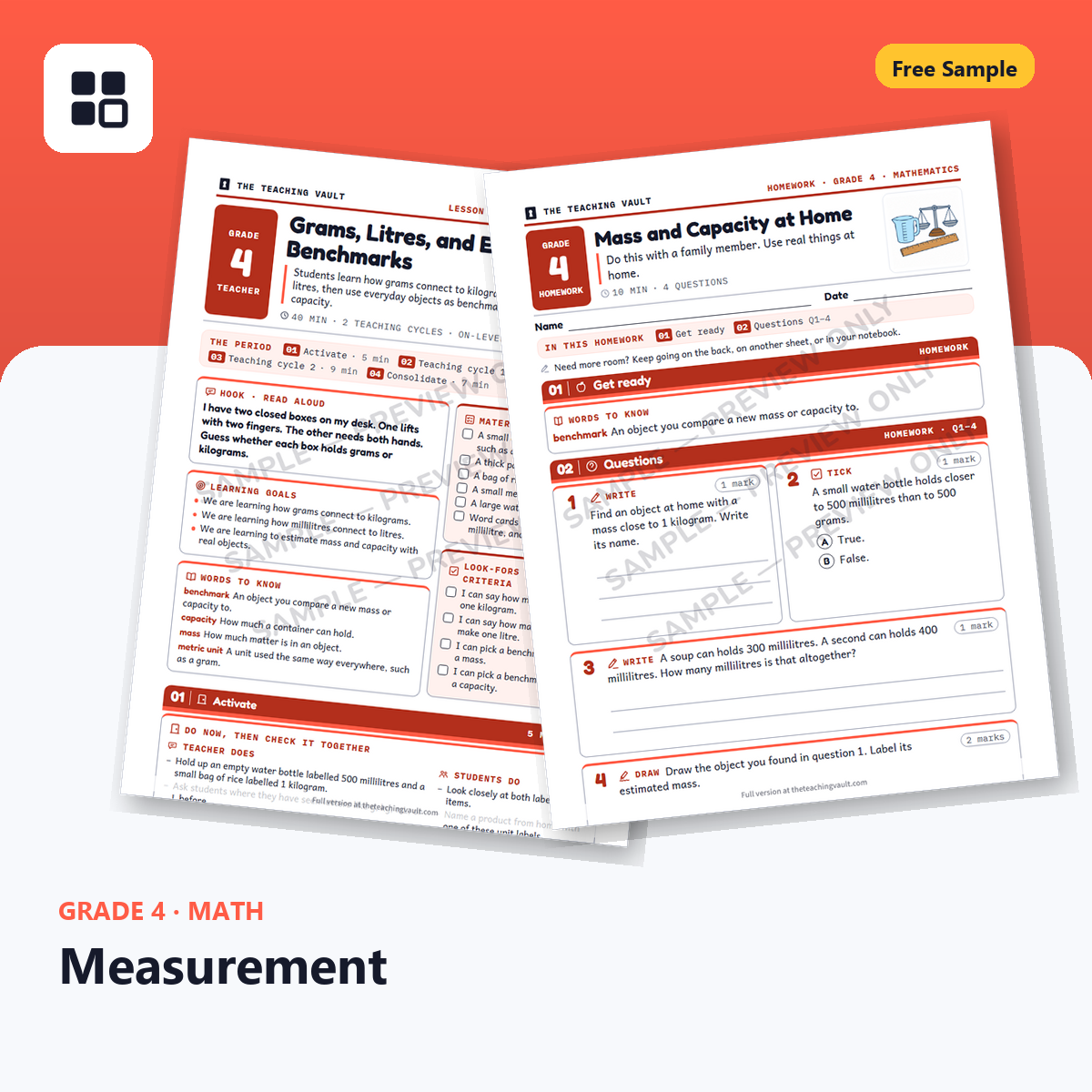Grade 4 Measurement Free Sample cover