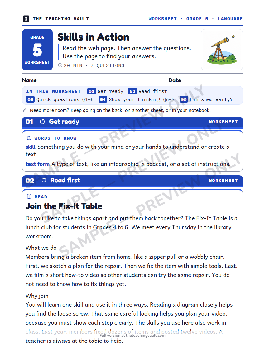 Sample worksheet page