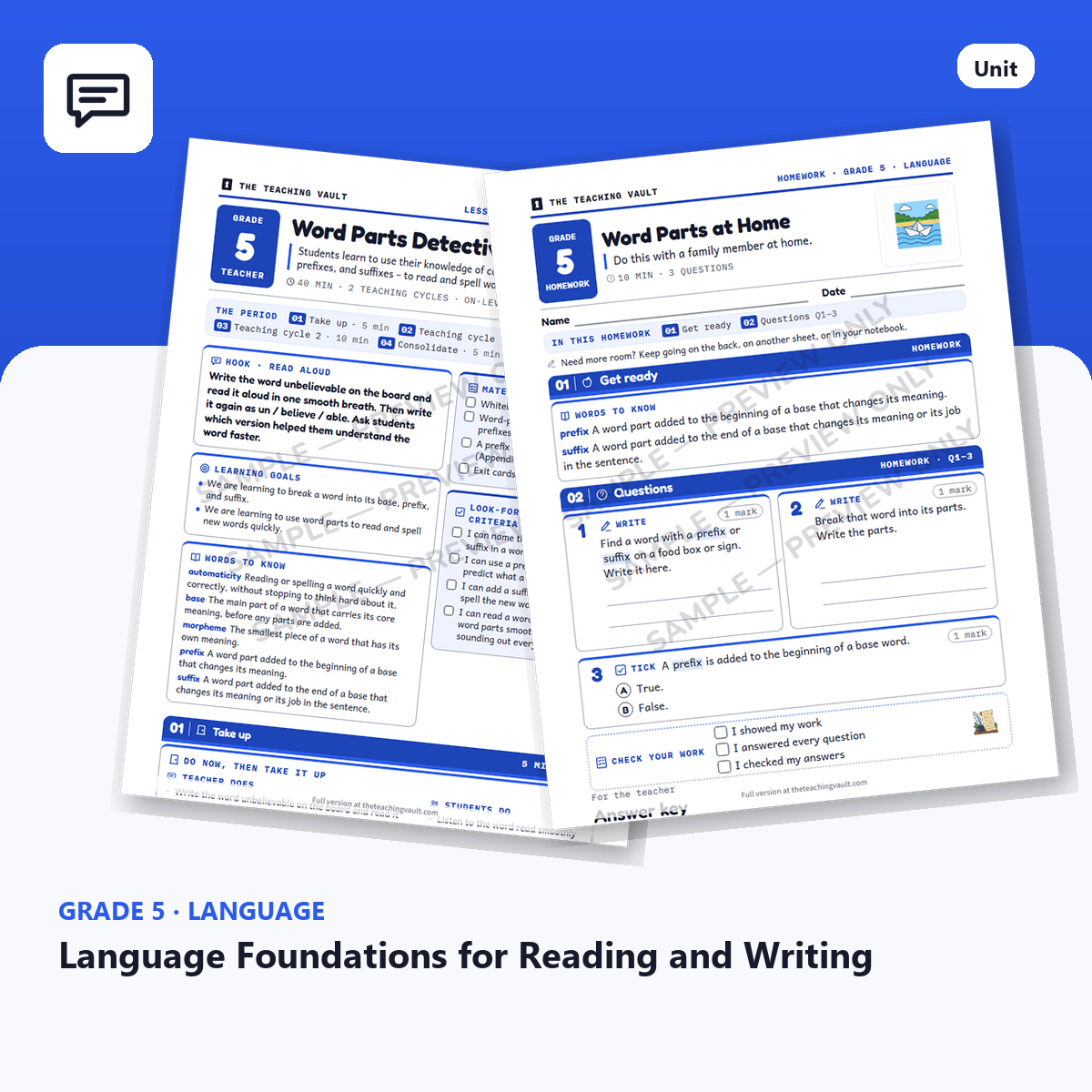 Grade 5 Language Foundations for Reading and Writing — Full Unit (Unit 5 of 12) cover