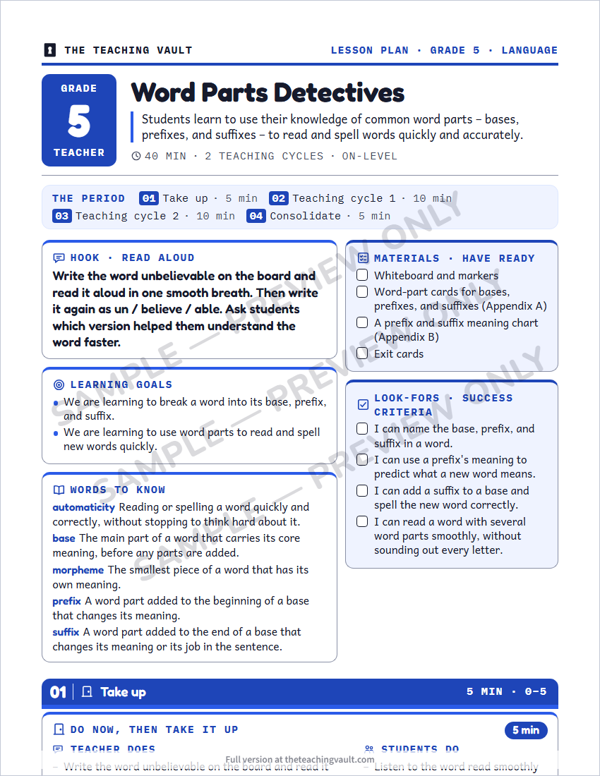 Sample lesson plan page