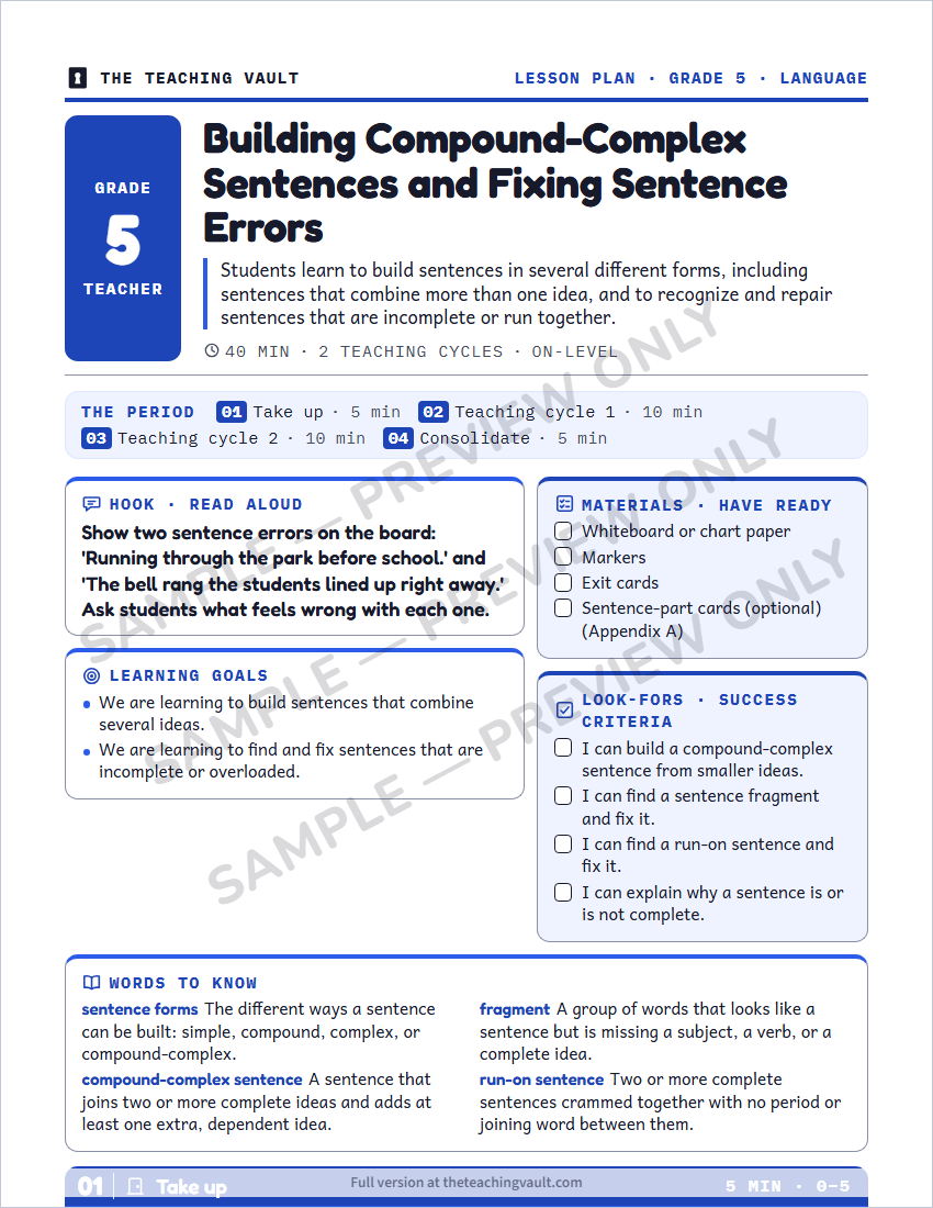 Sample lesson plan page