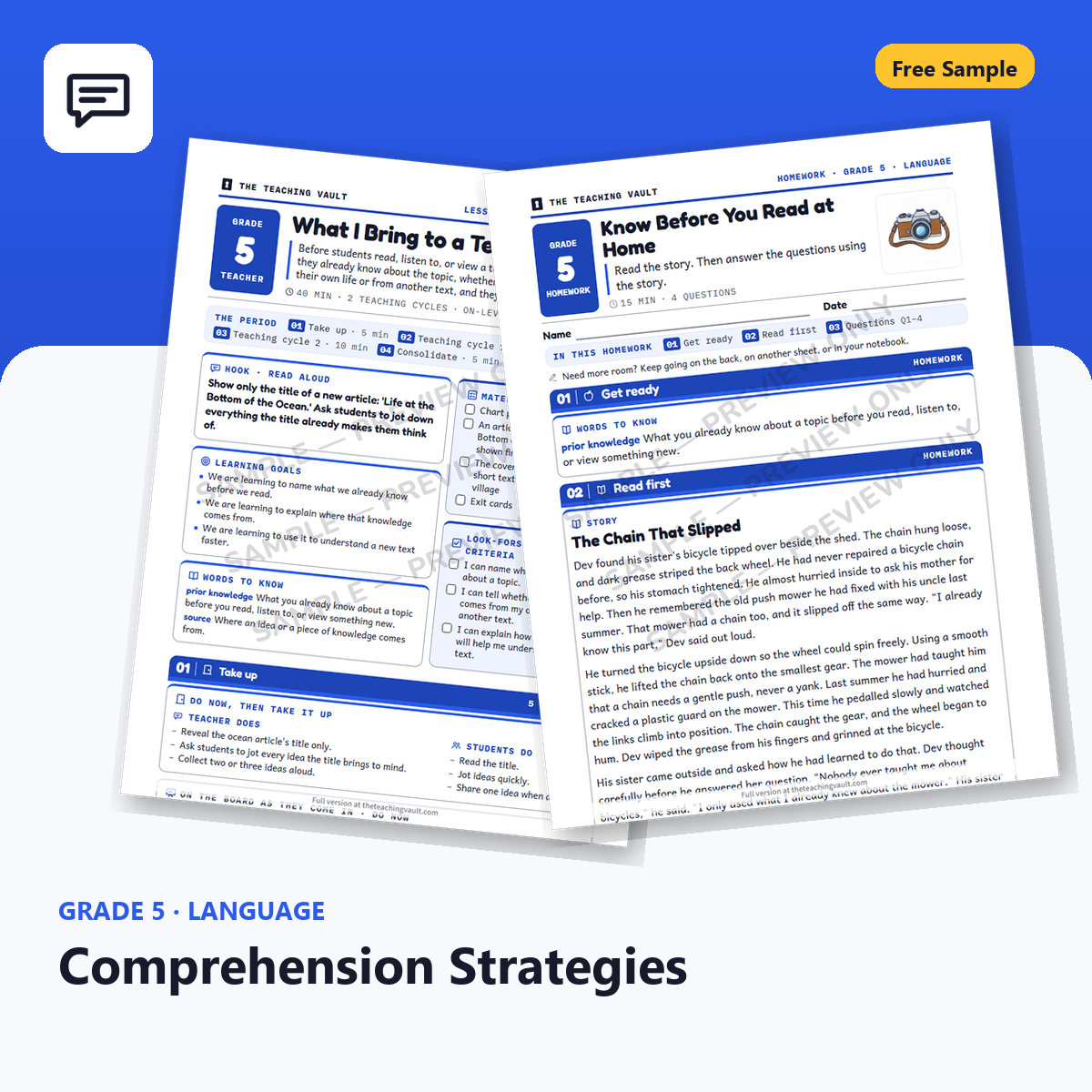 Free Grade 5 Language Comprehension Strategies lesson sample cover